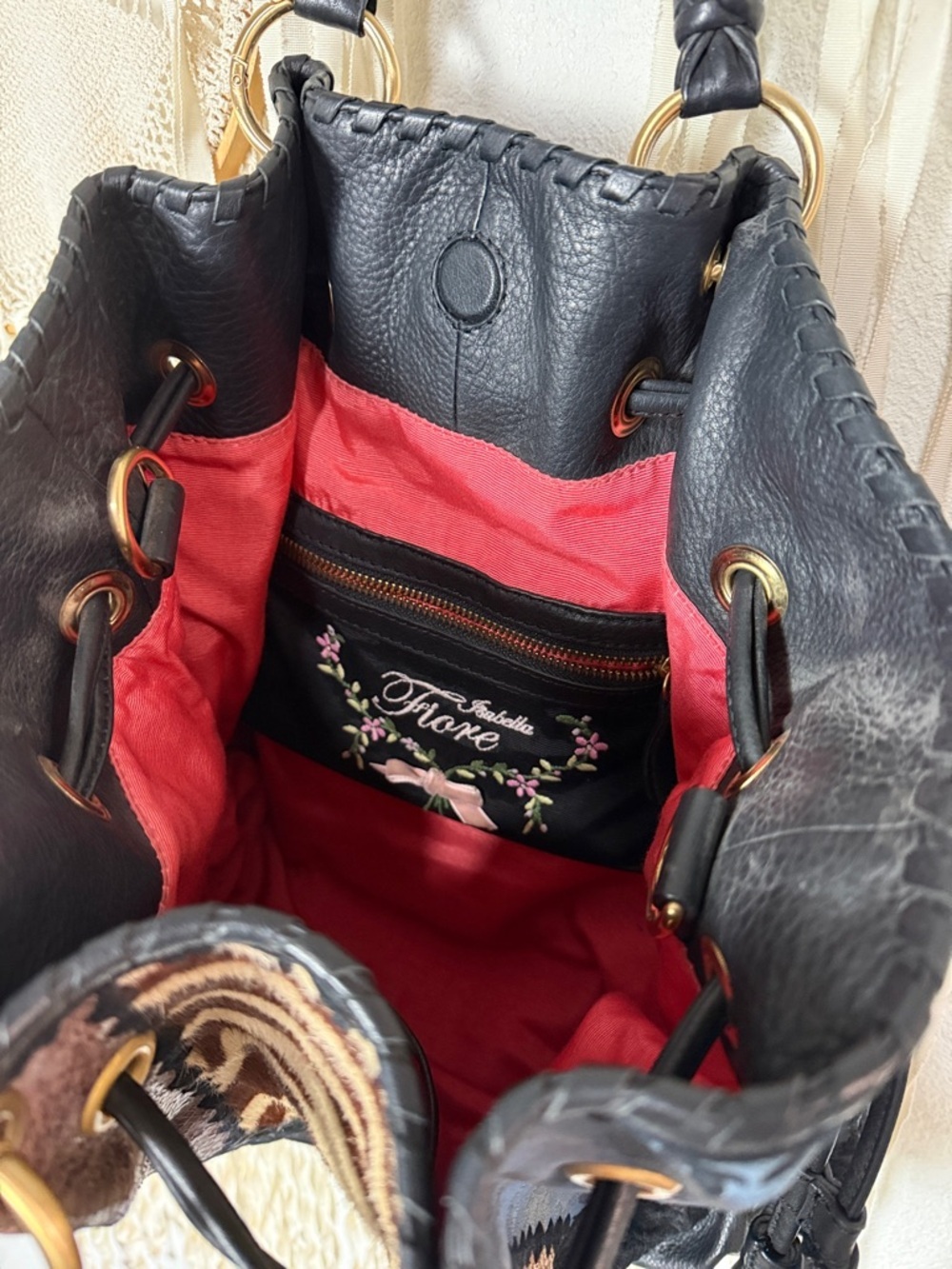 Isabella Fiore Vintage Leather and Patchwork Embroidered Handbag Purse - Picture 5 of 16